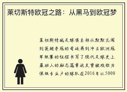 莱切斯特欧冠之路：从黑马到欧冠梦
