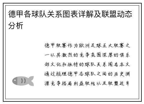 德甲各球队关系图表详解及联盟动态分析