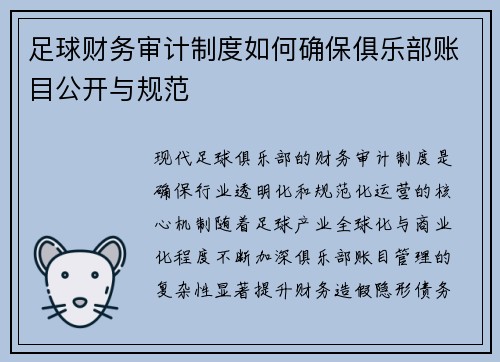 足球财务审计制度如何确保俱乐部账目公开与规范